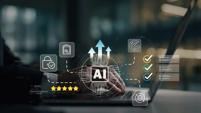 Businessman in modern office working with animated AI icon, business intelligence dashboard, predictive analytics, workflow optimization and enterprise digital transformation platform