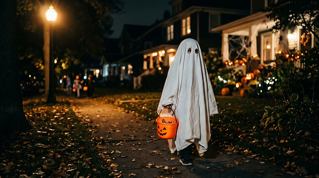 Child dressed as ghost trick or treating at night