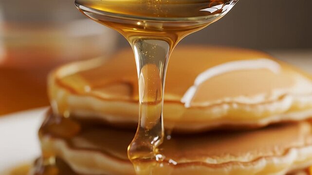 Golden syrup dripping from spoon onto stack of fluffy pancakes