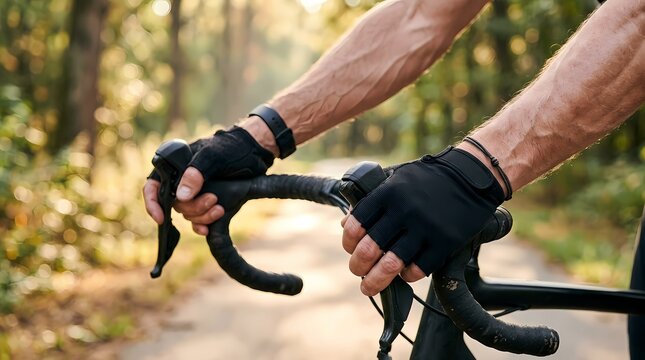 Bicyclist fingers rest firmly on the black tape of a bicycle handlebar while wearing specialized summer cycling gloves.
