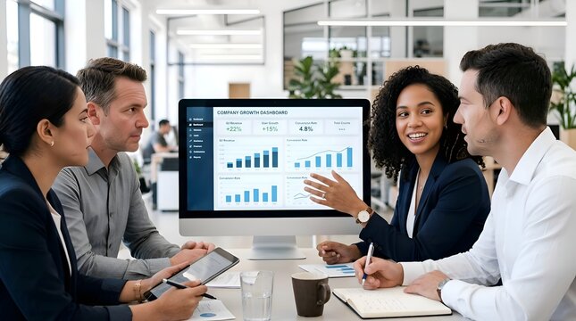 Diverse team analyzing financial charts on computer screen in modern office meeting