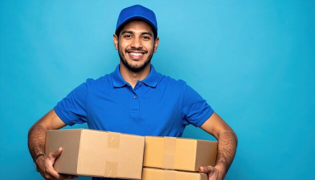 Courier wearing uniform holding parcels on blue background