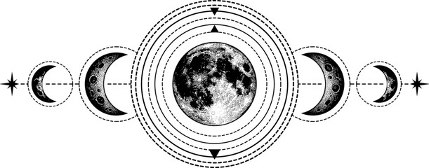 Mystical Moon Phases Celestial Geometry Illustration with Sacred Lunar Symbols Vintage Esoteric Line Art Vector Design © mos