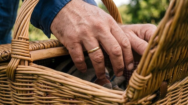 Wicker picnic basket is opened by a person wearing a gold ring in a soft, natural outdoor environment.