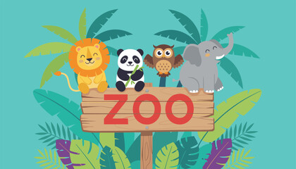 Naklejka premium Bright colorful zoo wooden sign decorated with cute cartoon baby animals including a lion, panda, owl, and elephant.