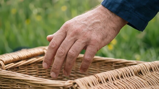 Hand reaches toward the woven texture of an empty wicker picnic basket resting in a lush green meadow filled with soft natural daylight.