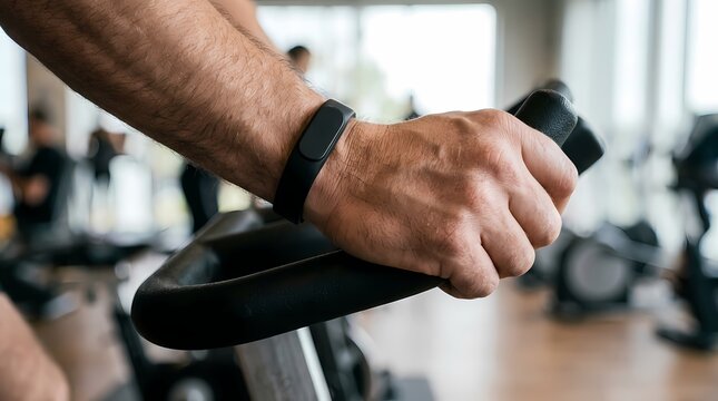 Athlete grips the textured rubber handle of a stationary exercise bike while wearing a sleek black fitness tracker on their wrist in a brightly lit gym.