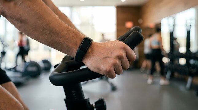 Hands gripping the handlebars of a stationary exercise bike show a digital fitness tracker during an intense indoor cardio workout.