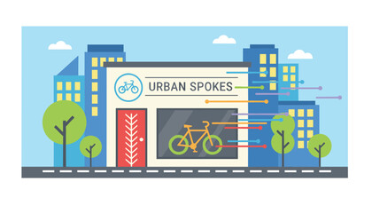 Obraz premium Modern bicycle shop storefront named Urban Spokes with a sleek window display set against a city skyline.