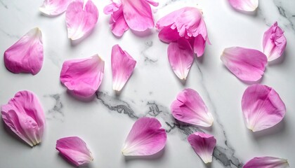 Fototapeta premium Peony petals scattered on marble background
