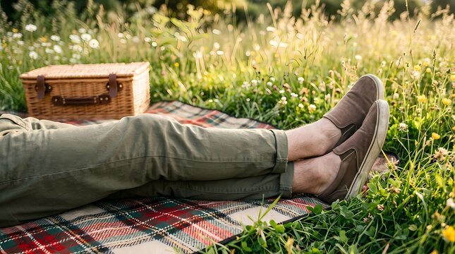 Feet in casual slip-on shoes relax on a soft checkered blanket while the golden afternoon light illuminates the surrounding wild meadow.