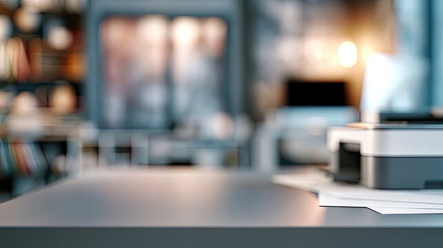 A blurred office scene with a printer on a desk and background elements