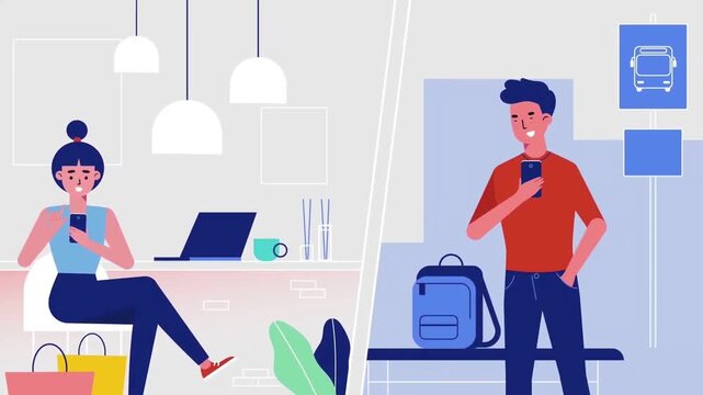 Modern People Using Smartphones While Working and Relaxing Indoor 2D Flat Vector Animation