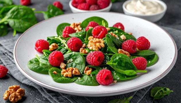 Summer spinach salad with raspberries and walnuts