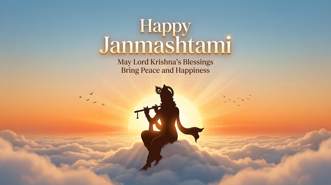 Divine musical figure floating above clouds during golden hour sunset celebration with serene silhouette spiritual evoking peace celebration