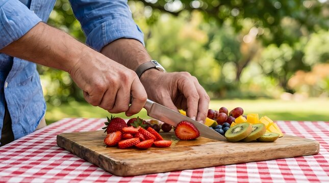 Chef slices fresh strawberries on a worn wooden cutting board placed atop a red and white checkered tablecloth in a bright, sun-drenched outdoor garden environment.