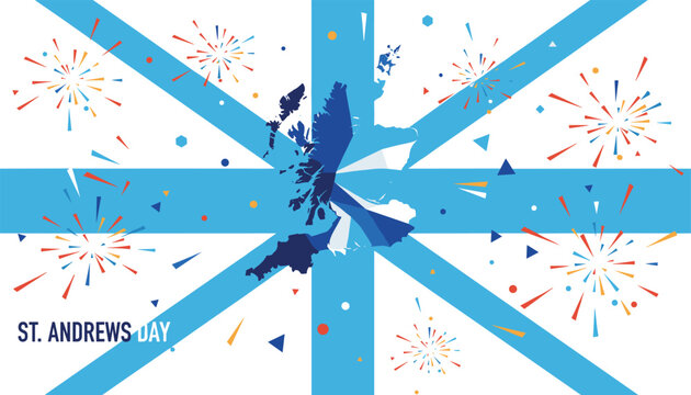 St. Andrews Day national celebration banner with Scotland map and national flag under colorful fireworks.