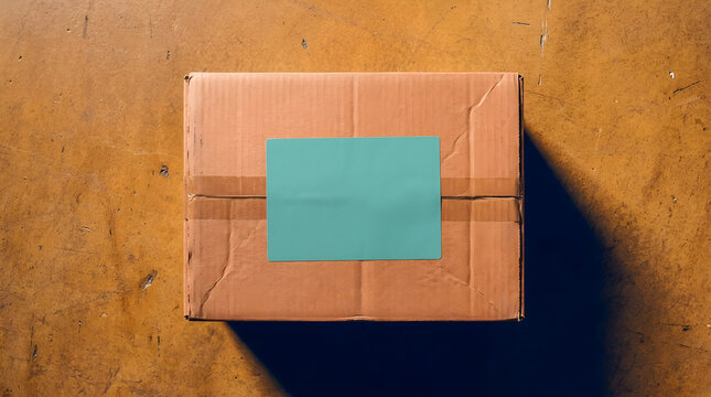 Birds Eye Copper Cardboard Shipping Box with Blank Teal Label on Top on Amber Surface with Indigo Shadow