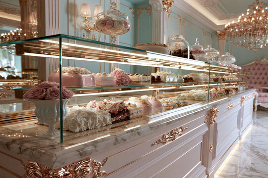 Opulent pink French patisserie interior with glass display case of elegant pastel cakes and pastries, rococo inspired.