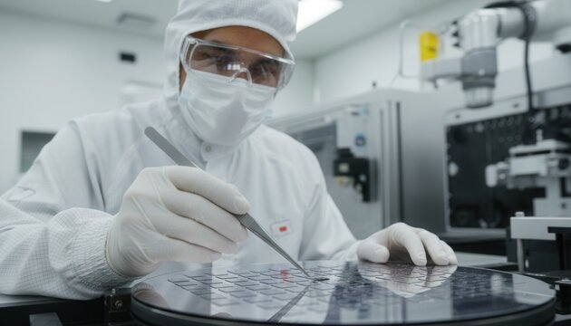 Technician in a cleanroom using precision tweezers to carefully position a silicon chiplet onto a semiconductor wafer assembly