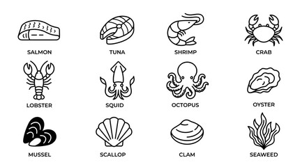 Black and white seafood and marine life icons set. © alfa