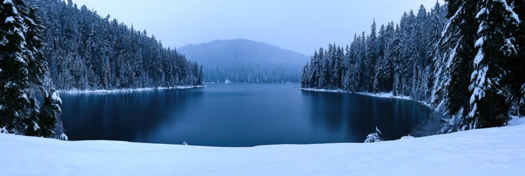Serene, snow-dusted evergreen forest frames a calm, deep blue lake under an overcast sky