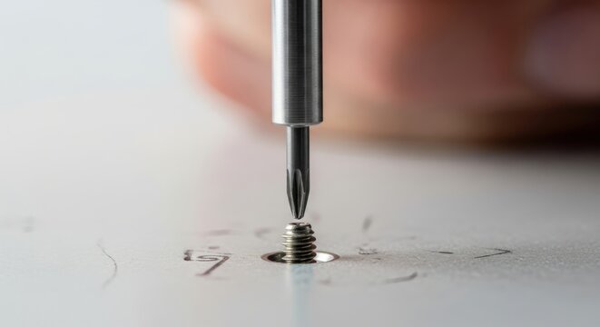 Precision Engineering A Phillips head screwdriver engaging a small screw demonstrating focused manual dexterity and meticulous craftsmanship in a bright uncluttered setting signifying repair and assem
