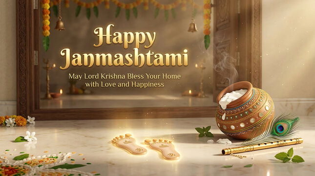 Traditional janmashtami celebration with decorative clay pot with traditional garlands celebrating religious festival indoors sacred footprints traditional