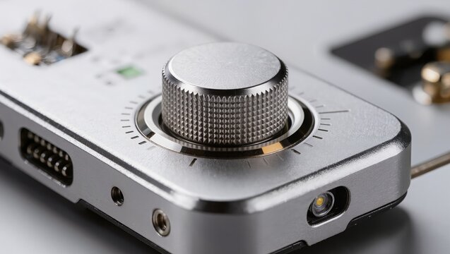A close-up of a metallic rotary dial and volume knob on a high-tech audio device or electronic control panel, highlighting audio engineering, sound equipment, and precision mechanics