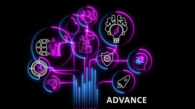 Neon Revolution Tree of Change and Innovation with Global and Technological Icons brain