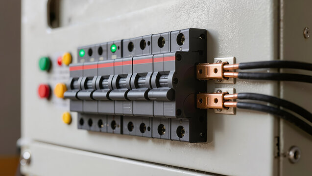 A close-up of a row of black electrical circuit breakers with indicator lights and heavy copper wire connections on an industrial control panel, highlighting electrical engineering, power distribution