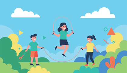 Fototapeta premium Happy school children jumping rope together in a beautiful green park on a sunny day in flat design illustration.