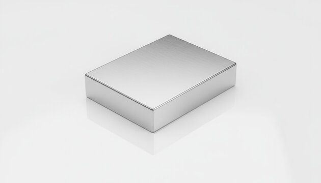 Studio shot of a powerful rectangular neodymium magnet with a brushed silver metallic finish on a clean reflective surface