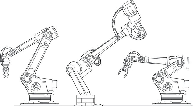 Industrial robotic arms set vector illustration, automated factory line robot manipulators wireframe line art design