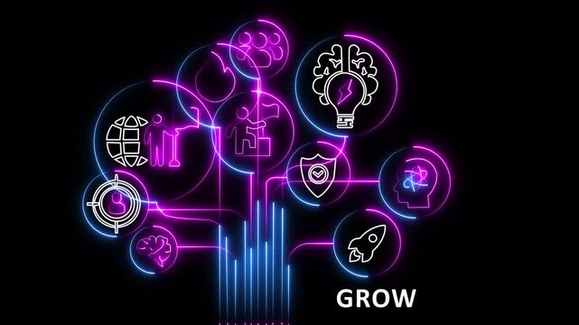 Neon Revolution Tree of Change and Innovation with Global and Technological Icons brain