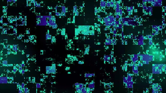 Abstract Digital Glitch Texture Animation with Teal Green and Blue Pixelated Mosaic Pattern on Black Background