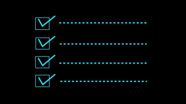Checklist on the dashed line icon with check marks. Check all the boxes of checklist. Checking a to do list. checklist concept animation on black background