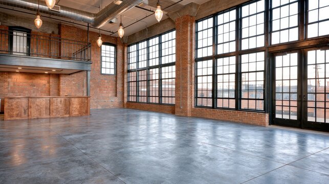 Industrial loft with open space, bar, mezzanine, and large windows