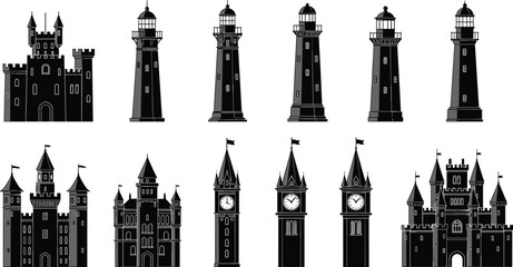 Set of black silhouettes of medieval castles and lighthouses on a white background set © Mst