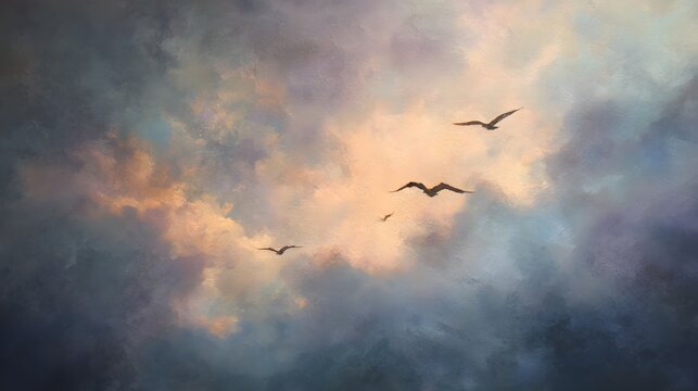 Oil painting of birds flying through dramatic sunset clouds with golden sunlight in an ethereal sky