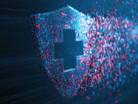 Digital shield with cross dissolving into red and blue particles