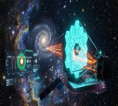 Space telescope glows cyan mirrors orange spectrograph capturing galaxy