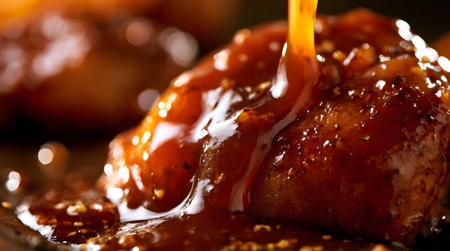 Rich amber sauce cascades over a succulent piece of meat  glistening under warm lighting with visible seasoning specks