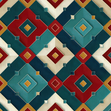 Vintage geometric pattern teal red cream diamond shape abstract seamless background decorative tile texture retro textile design symmetric ornament repeated motif multicolor square pattern