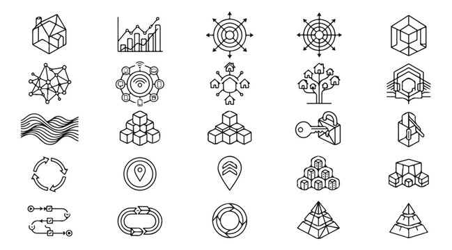 Geometric blockchain technology icons, set of 25 thin line vector symbols for cryptocurrency and data networking, abstract digital infrastructure graphics