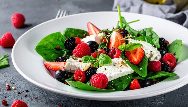 Vegetarian salad with spinach, berries and goat cheese, restaurant style