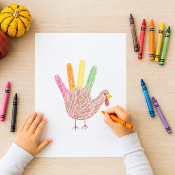 Child drawing colorful hand turkey on white paper with crayons on wooden table with small pumpkin for Thanksgiving