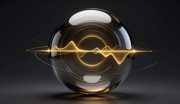 Hypnotic 3D abstract render of a dark chrome acoustic singularity sphere with nested optical rings and gold light refraction