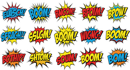 Set of comic book style speech bubbles with sound effects and explosive shapes © Mst