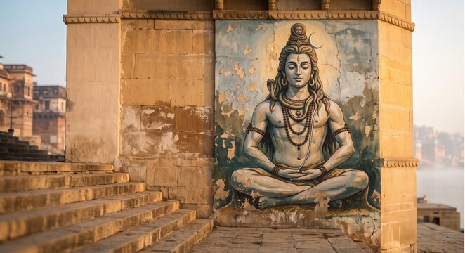 Ancient Varanasi Ghat Wall Mural of Lord Shiva in Deep Meditation